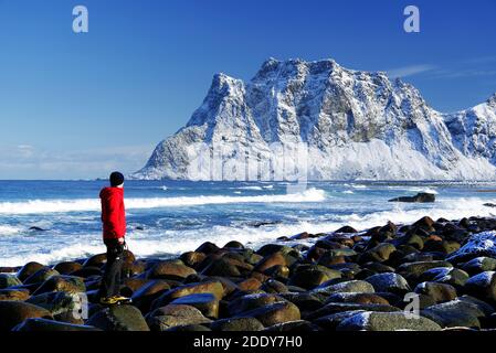 Scenic winter landscape at Uttakleiv beach in Lofoten islands, Norway, Europe Stock Photo