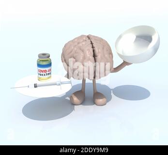 the brain cartoon with covid vaccine and syringe on a dish, 3d illustration Stock Photo