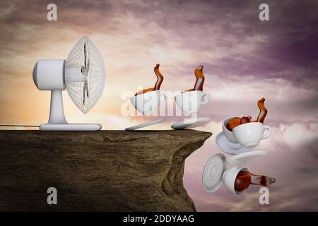 A fan blows many Coffee cups on cliff at sunset magenta day. Good morning coffee is falling concept. 3D illustration Stock Photo