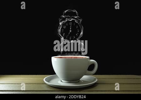 Coffee cup with steam in alarm clock shape on wooden plank with black background. Good morning coffee or time to think or creative concept. 3d Render Stock Photo
