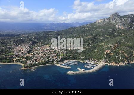 Italy, Sardinia, Baunei: aerial view of the Sardinian coast, east of the island, the Gulf of Arbatax and Santa Maria Navarrese with its marina
