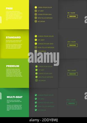 Products service feature compare mosaic list table template with various options, description, features and prices - four green color version with dar Stock Vector