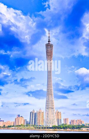 Under the blue sky white cloud of China guangzhou tower and the pearl river Stock Photo