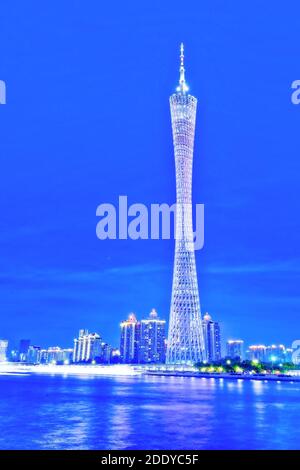 China guangzhou tower and the pearl river at night Stock Photo
