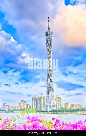 Under the blue sky white cloud of China guangzhou tower and the pearl river Stock Photo
