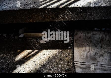 Stairs and spider's web between steps inside the abandoned and brownfield school in Bulgaria. Stock Photo