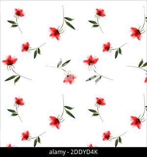 Seamless floral pattern illustration. Endless watercolor texture with small red flowers on white background can be used for wrapping, wallpaper, tile Stock Photo