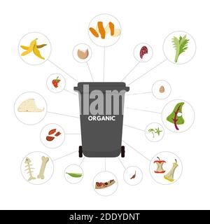 Waste sorting set vector illustration. Gray trash bin for organics compost Stock Vector