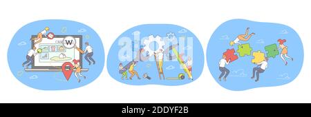 Teamwork, collaboration, cooperation, successful project realization concept. Business people with gears and puzzle pieces working on projects and ach Stock Vector