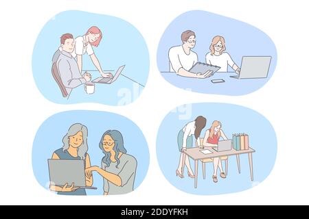 Teamwork, cooperation, startup concept. Young office workers colleagues coworkers working together on projects with laptops and discussing ideas in of Stock Vector