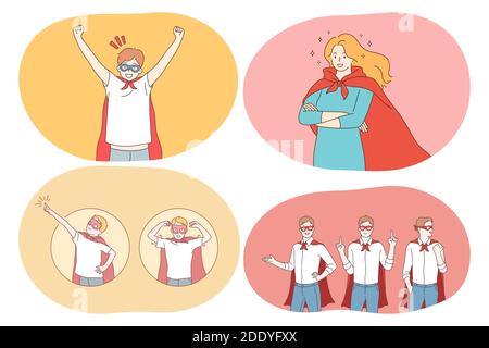 Superhero, superman, power, strength, confidence concept. Young positive people cartoon characters in superman costume mantle and mask imagining power Stock Vector