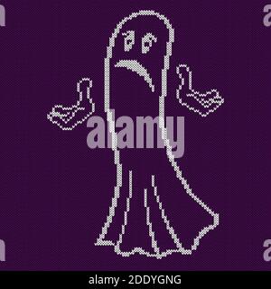 Knitting with sad ghost on the violet background, design for sweater, scarf, comforter or clothes texture, as a fabric texture Stock Vector