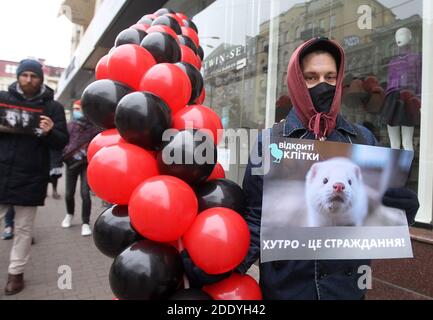 An anti-fur activist wearing a mask holds a placard expressing his opinion during the demonstration.Animal rights activists protested near Ukrainian capital's fur shops to draw attention to the brutality of the fur industry calling to abandon the purchase of fur products during Black Friday sales. The killing of minks in Denmark due to coronavirus may allow an increase in the export of fur from Ukraine and increase products of Ukrainian mink farms in the world fur market up to 10% from the current 1%, as the Association of Fur Breeders believes, reportedly by media. Stock Photo