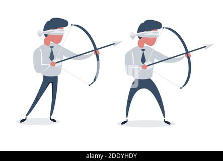 Blindfolded businessman shooting arrow. Missed the target. Isolated on white background. Set. Flat design illustration. Stock Vector