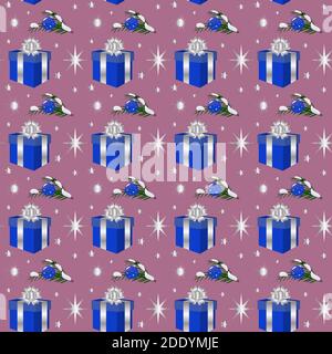 New Year and Christmas seamless pattern with gift box and decorated branch Stock Vector