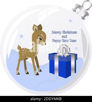New Year and Christmas composition with cute deer in glass bauble Stock Vector