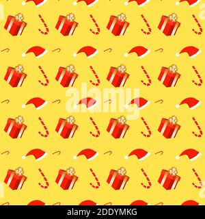 New Year and Christmas seamless pattern with gift box and Santa’s hat Stock Vector
