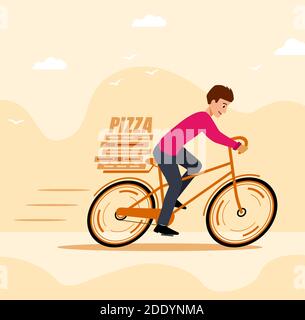 beige Banner fast delivery pizza. Courier rides a Bicycle and delivers pizza. Template layout poster or web. Vector illustration in flat style. Stock Vector