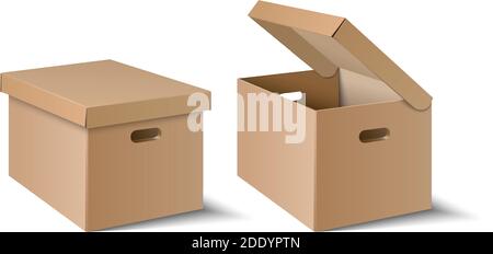 3d realistic vector carton square box in open and closed view. Isolated icon illustration on white background. Stock Vector