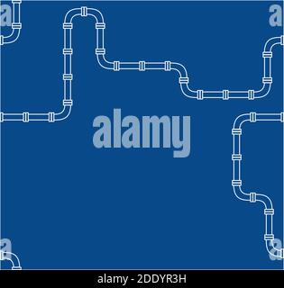 industrial seamless pattern. white piping on Blue background. pipes for water, gas, oil. Pattern in line art style. Stock Vector