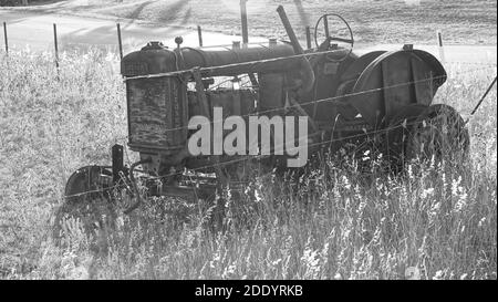 An old tractor in black and white, near eungella natural park, where you can see platypus in nature Stock Photo