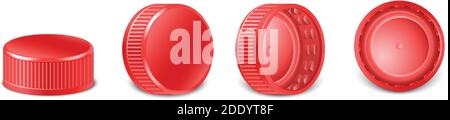 3d realistic collection of red plastic bottle caps in side, top and bottom view. Mockup with pet screw lids for water, beer, cider of soda. Isolated i Stock Vector