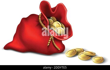 3d realistic vector red vintage bag wallet with golden coins. Isolated on white background icon. Stock Vector
