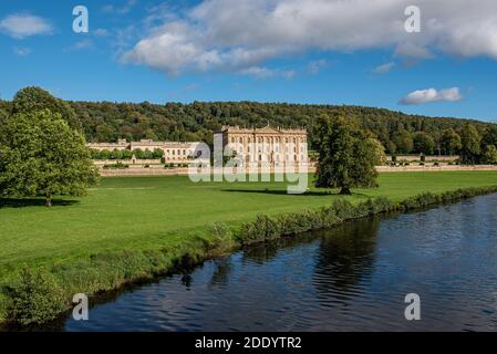 Chatsworth House in the Peak District, England. Image taken from the DVH Way a public footpath. The house was the setting for the popular television s