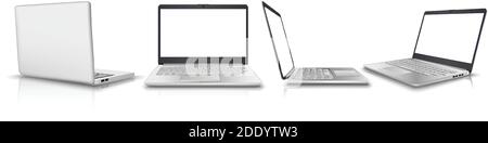 big 3d realistic vector collection of laptop in side, front, back and 3/4 view. Isolated on white background. Perfect for your advertisement. Stock Vector