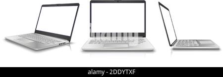 3d realistic vector collection of laptop in side, front. Isolated on white background. Perfect for your advertisement. Stock Vector