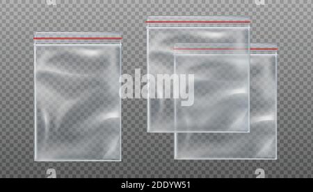 3d realistic vector zip transparent bags. Empty mockup pouches in different sizes on transparent background. Stock Vector