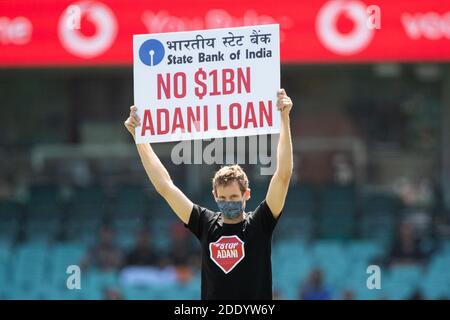 Sydney, Australia. 27th Nov, 2020. Adani protest during the Dettol 1st ODI Series match between Australia and India at Sydney Cricket Ground, Sydney, Australia on 27 November 2020. Photo by Peter Dovgan. Editorial use only, license required for commercial use. No use in betting, games or a single club/league/player publications. Credit: UK Sports Pics Ltd/Alamy Live News Stock Photo