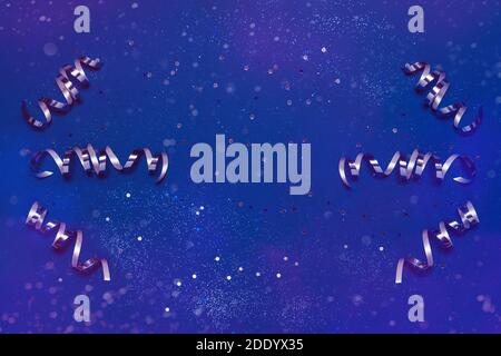 Bright blue background with sparkles and glitter and confetti of neon colors. Festive backdrop for your projects. Flay lay, top view, copy space Stock Photo
