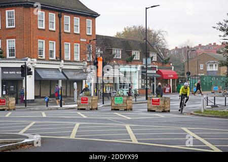 Street closure - junction of Dulwich Village & Calton Avenue, London, UK. Part of Southwark's StreetSpace scheme for safer residential roads, 2020. Stock Photo