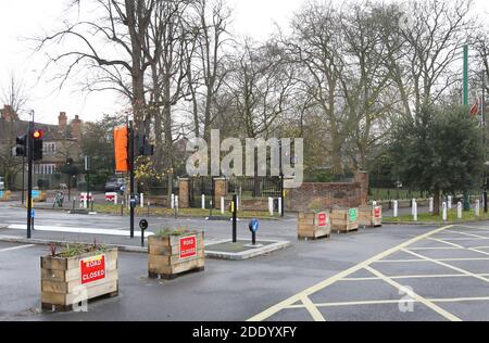 Street closure - junction of Dulwich Village & Calton Avenue, London, UK. Part of Southwark's StreetSpace scheme for safer residential roads, 2020. Stock Photo