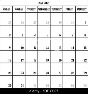 CALENDAR PLANNER MONTH MAY 2021 ON TRNSPARENT BACKGROUND DESIGNER CUT Stock Vector