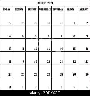 CALENDAR PLANNER MONTH JANUARY 2021 ON TRANSPARENT BACKGROUND DESIGNER CUT Stock Vector