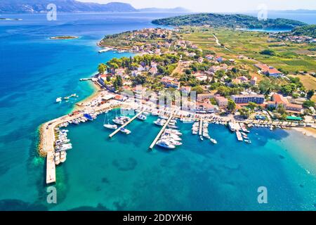 Lumbarda. Korcula island vllage of Lumbarda coastline aerial view, southern Dalmatia archipelago of Croatia Stock Photo