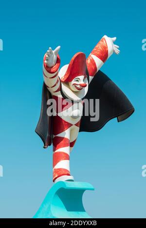 Statue of the Burlamacco clown, mascot and mask of the famous annual Viareggio carnival in Tuscany, Italy. Stock Photo