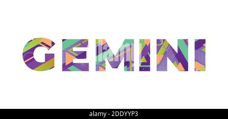 The word GEMINI concept written in colorful retro shapes and colors illustration. Stock Vector