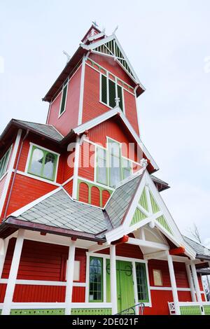 Architectural detail of Buksnes Church in Gravdal city, Lofoten islands, Norway, Europe Stock Photo