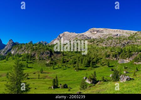 Mountain shelter nuvolau near at Passo Giau, Dolomites in the spring Stock Photo