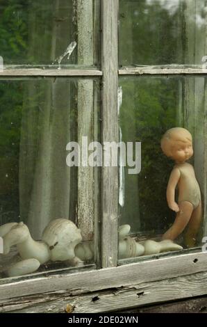In a glass frame vintage soviet toys without a label in an abandoned house vertical orientation (Pskov region, Russia) Stock Photo