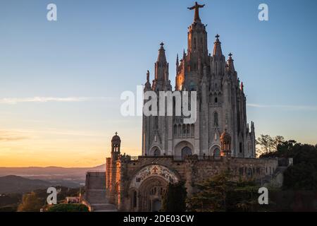 The Temple of the Sacred Heart, located on the top of Mount Tibidabo in Barcelona (Spain), is a Neo-Gothic style building built between 1902 and 1961. Stock Photo