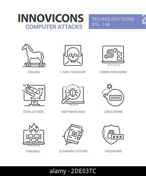 Computer attacks - colorful line design style icons. Data protection, antivirus idea. Trojan, email malware, worm, DDOS, software bug, logic bomb, fir Stock Vector