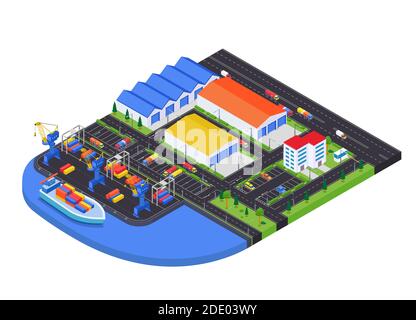 Port warehouse - modern vector colorful isometric illustration. Quality urban landscape with shipping terminals, cargo, boat, portal crane, road and p Stock Vector