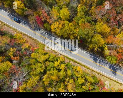 White Mountain National Forest fall foliage on Kancamagus Highway near Hancock Notch top view, Town of Lincoln, New Hampshire NH, USA. Stock Photo