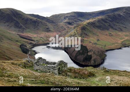 Ruined Building near the Old Corpse Road and the View Along Haweswater towards Harter Fell and Mardale Ill Bell, Lake District, Cumbria, UK, Stock Photo