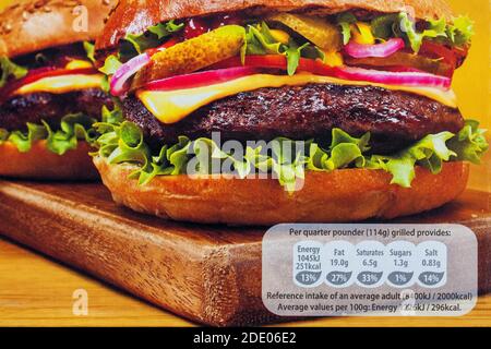 reference intake nutritional information label on packet of Birds Eye Original Beef Quarter Pounders, beefburgers Stock Photo