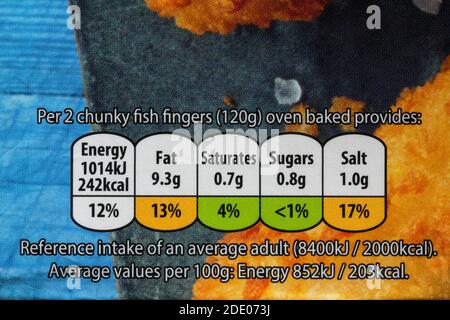 Nutritional information traffic lights system labelling colour coded label information on box of Captain Birds Eye 6 Chunky Fish Fingers extra large Stock Photo